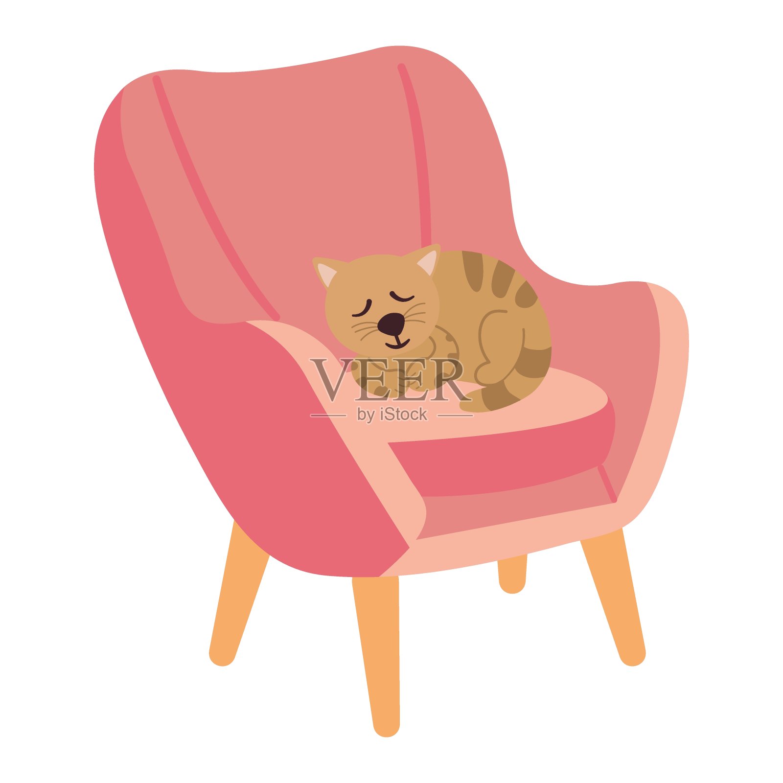 手绘的椅子上有一只正在睡觉的猫。插画图片素材