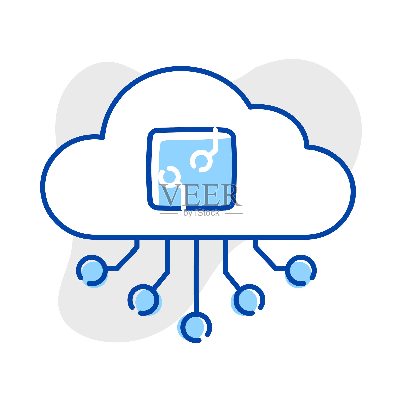 通过下面的图示进入云计算时代。这个符号代表数据存储、远程访问和可扩展性,体现了云的灵活性。插画图片素材
