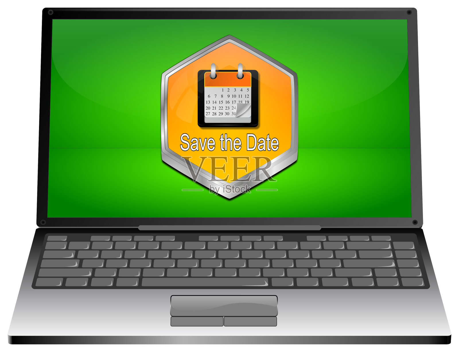 笔记本电脑与保存日期按钮- 3D插图照片摄影图片