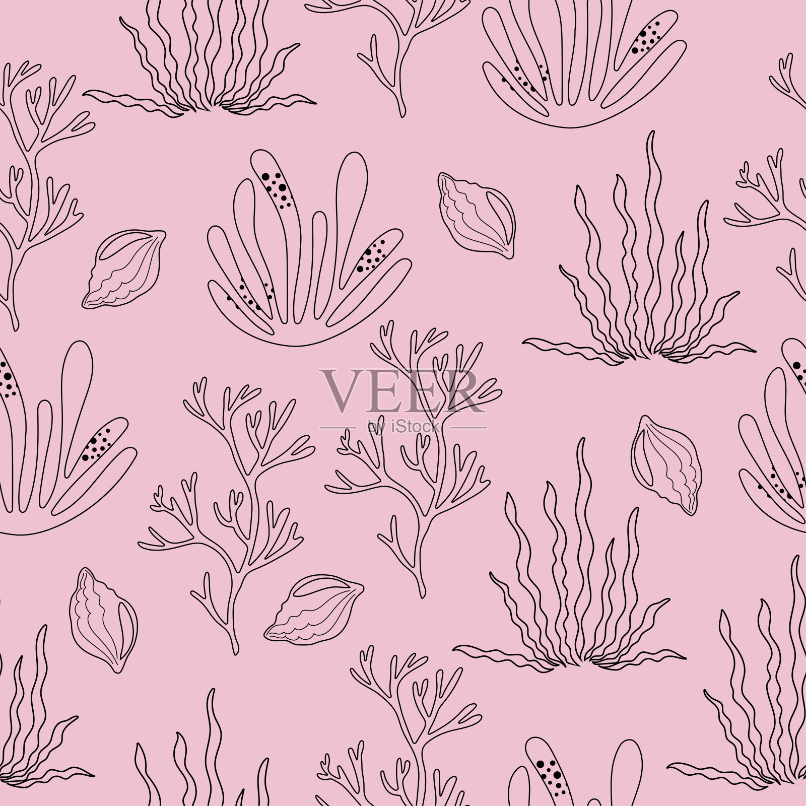 手绘无缝图案线条艺术海藻。粉色背景上的矢量设计。插画图片素材