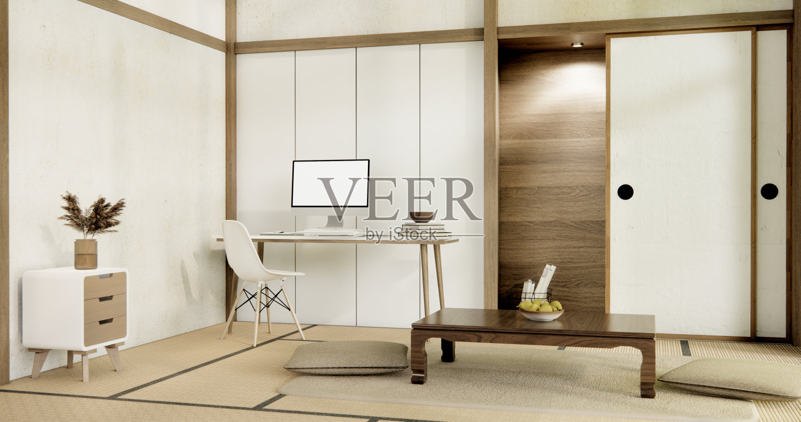 无印良品客厅的日式风格和装饰为日本风格。三维渲染照片摄影图片