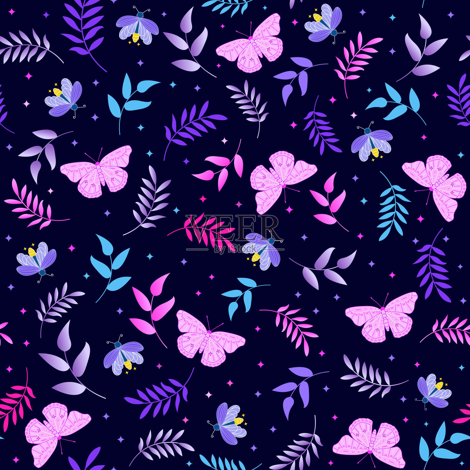 愚蠢的植物图案。蝴蝶和萤火虫在花园里。粉红色的蝴蝶和萤火虫和植物无缝图案。插画图片素材