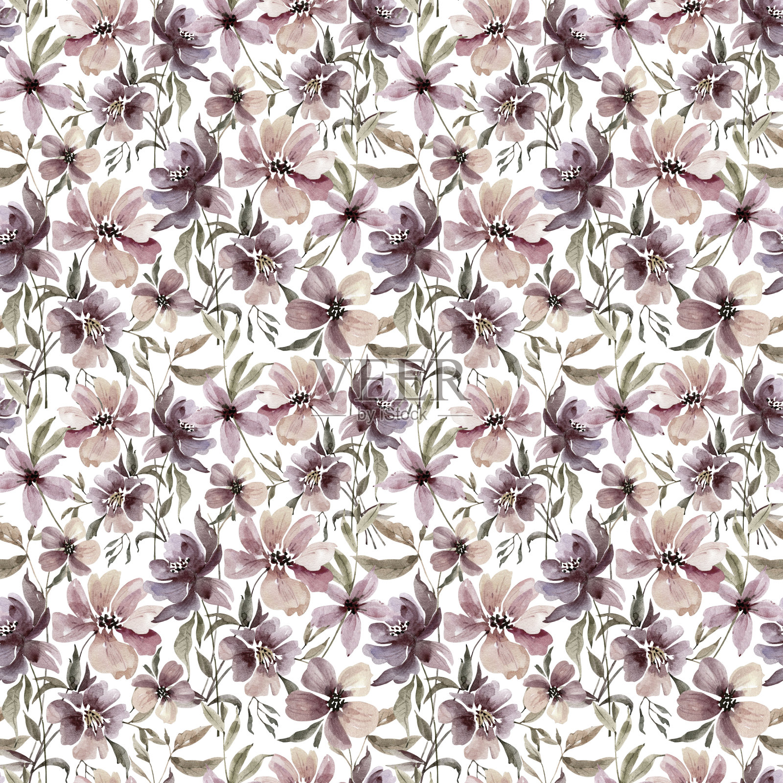 无缝图案与水彩大粉红色和酒红色的花,手绘。插画图片素材