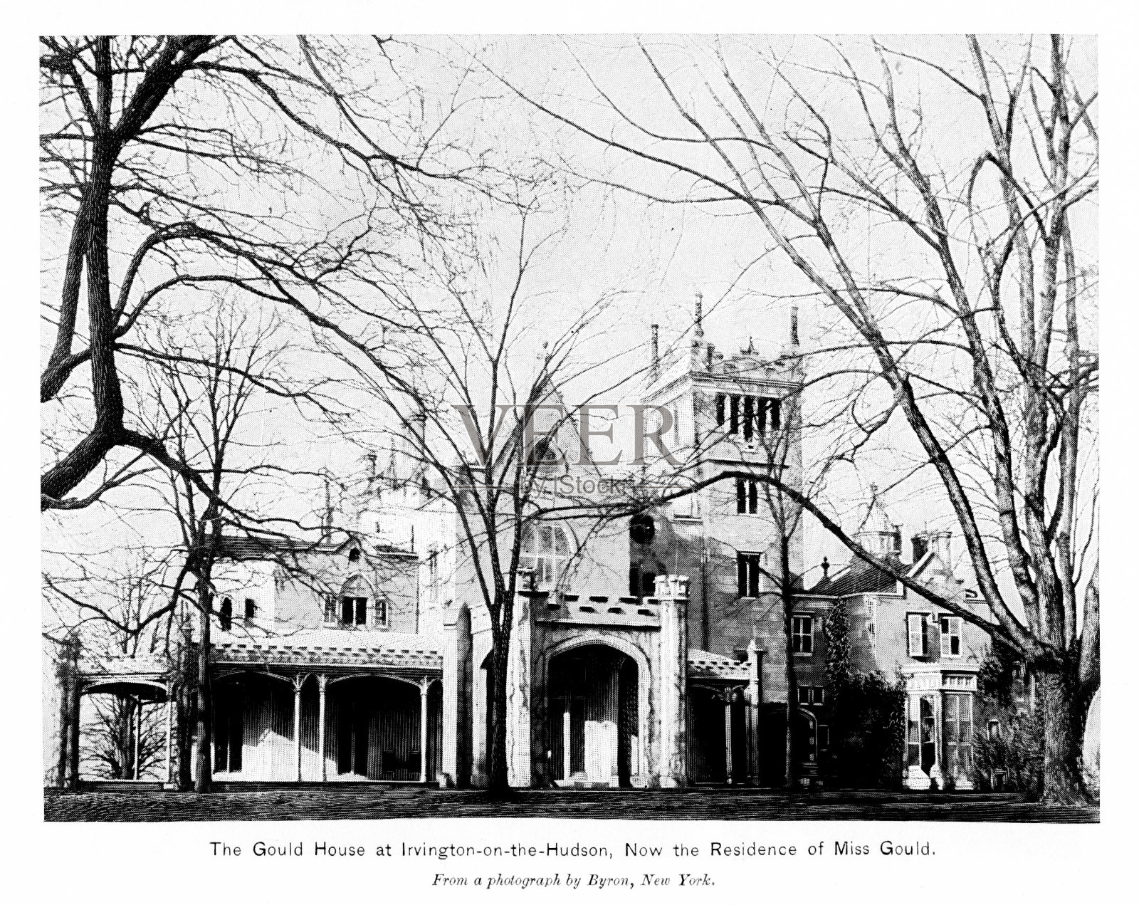 美国纽约州哈德逊河畔欧文顿的林德赫斯特或古尔德的哥特式住宅插画图片素材