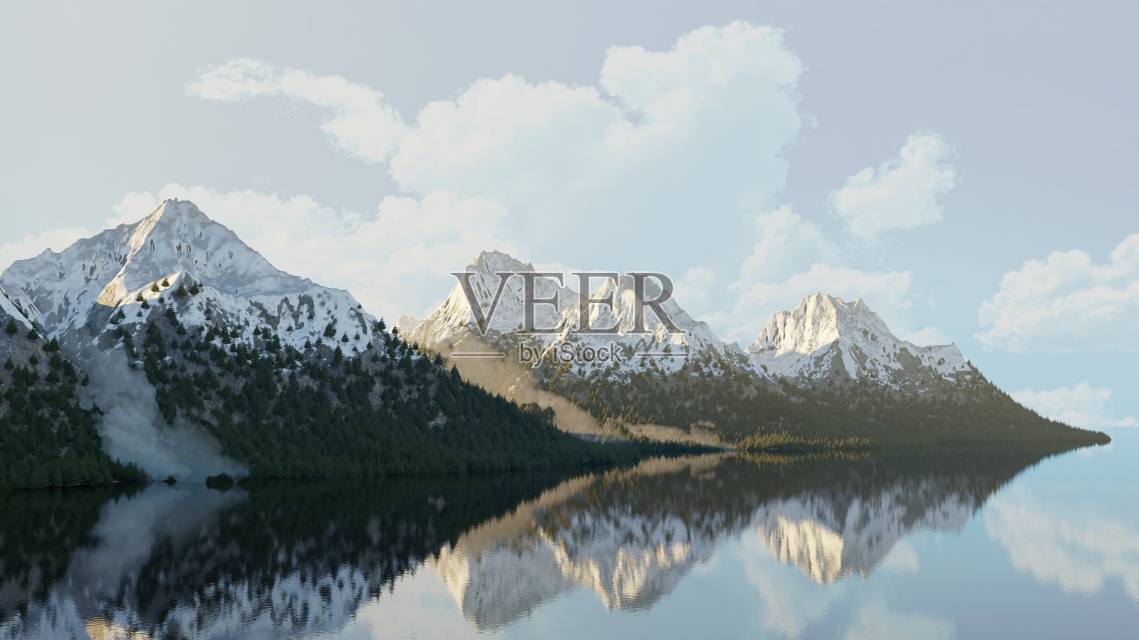 宁静的自然山景,雪峰映在宁静的湖面上。照片摄影图片