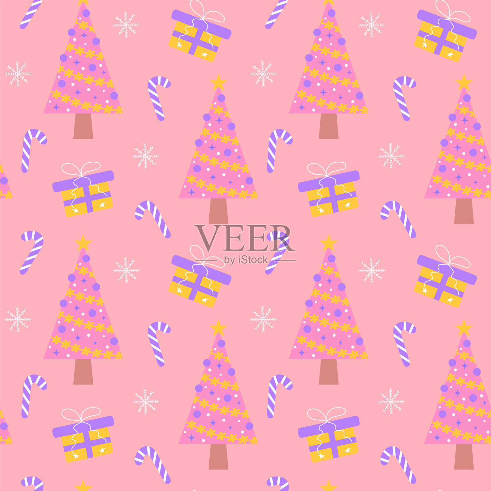 可爱的粉色圣诞树,糖果手杖,礼物和雪花无缝图案。魅力柔和的圣诞印花包装或纺织品。插画图片素材