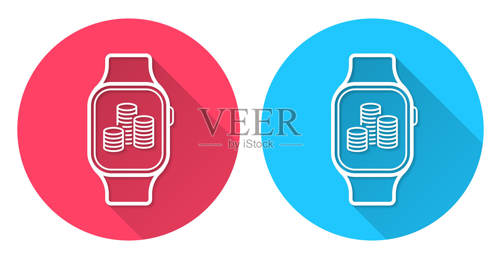 智能手表与一堆硬币。圆形图标与长阴影在红色或蓝色的背景插画图片素材