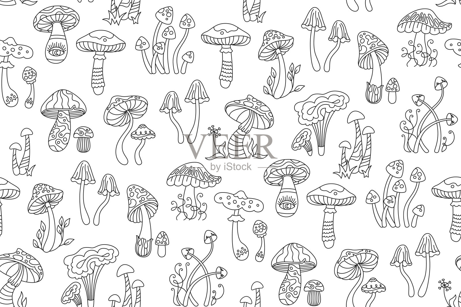 蘑菇风格嬉皮士复古无缝图案迷幻无尽涂鸦线性背景设计插画图片素材