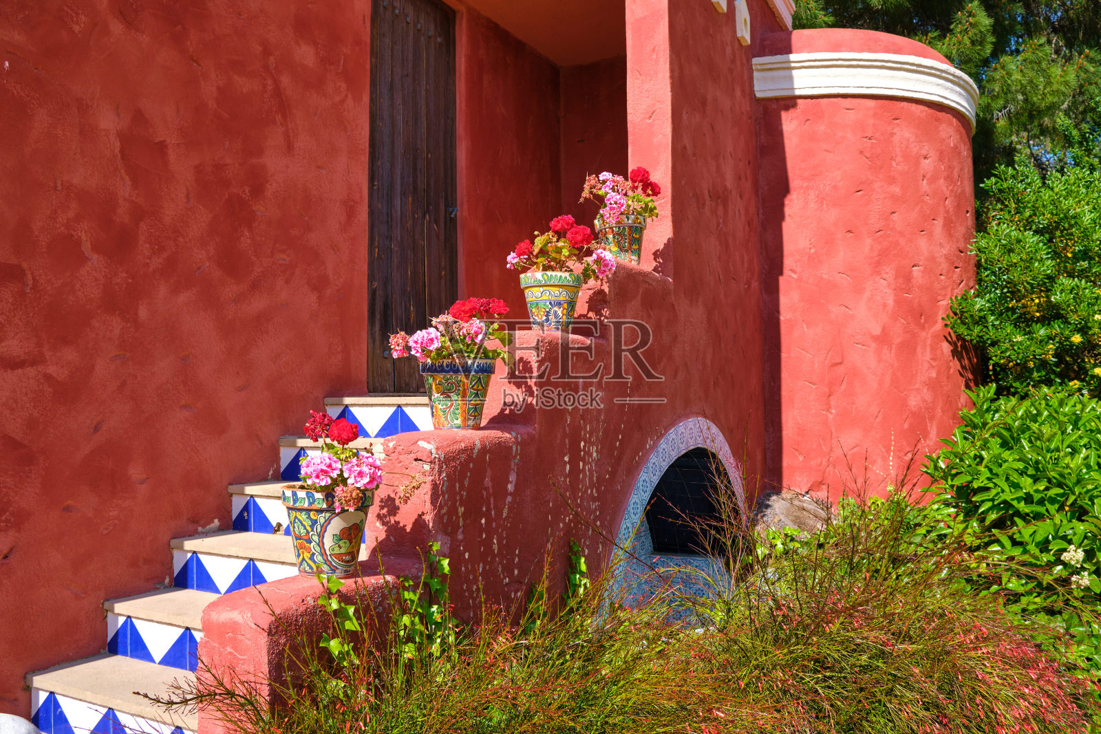 美丽的花瓶以墨西哥风格装饰,在炎热的夏日阳光下鲜花照片摄影图片