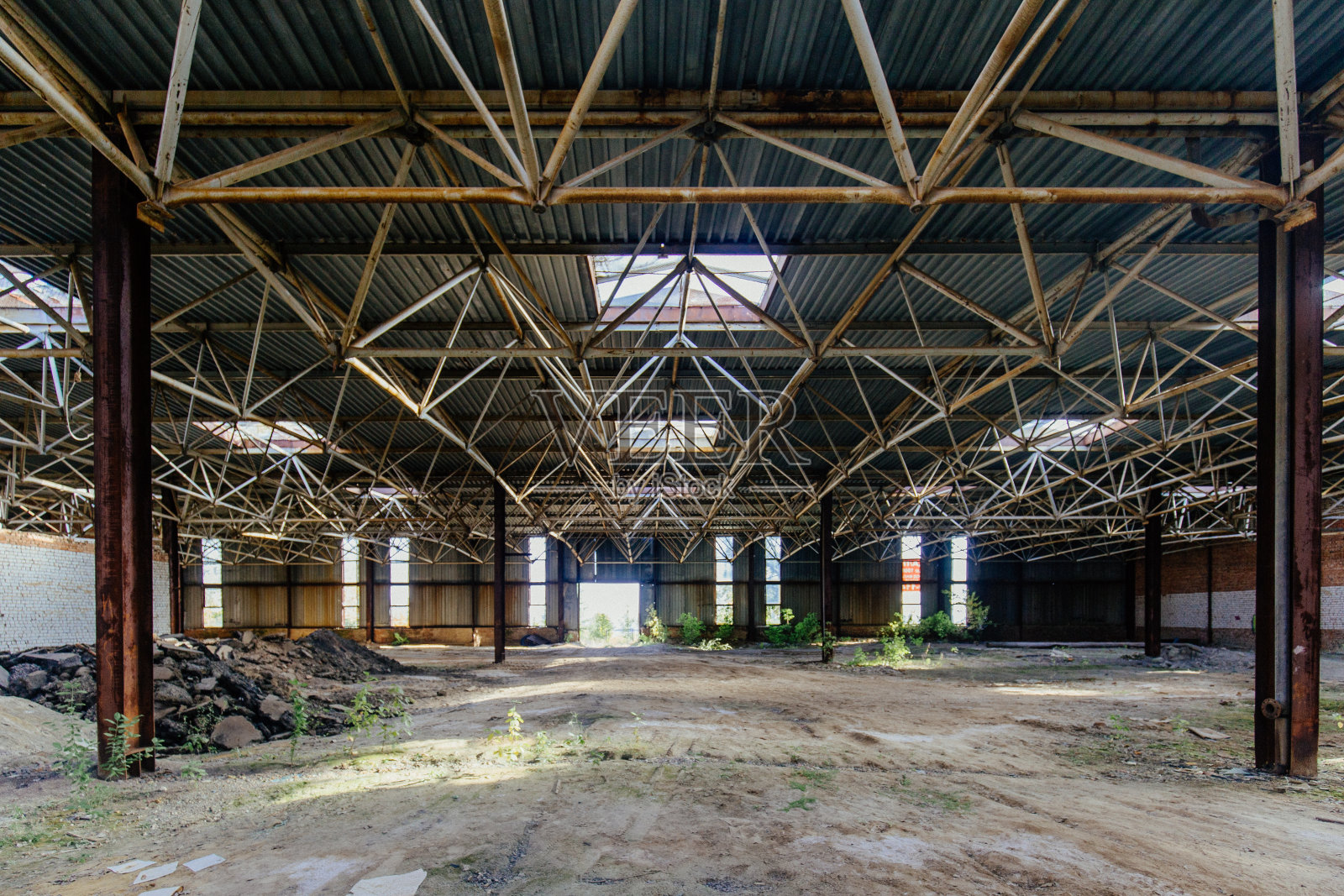 被毁坏的老工业建筑上长满了青苔和植物照片摄影图片
