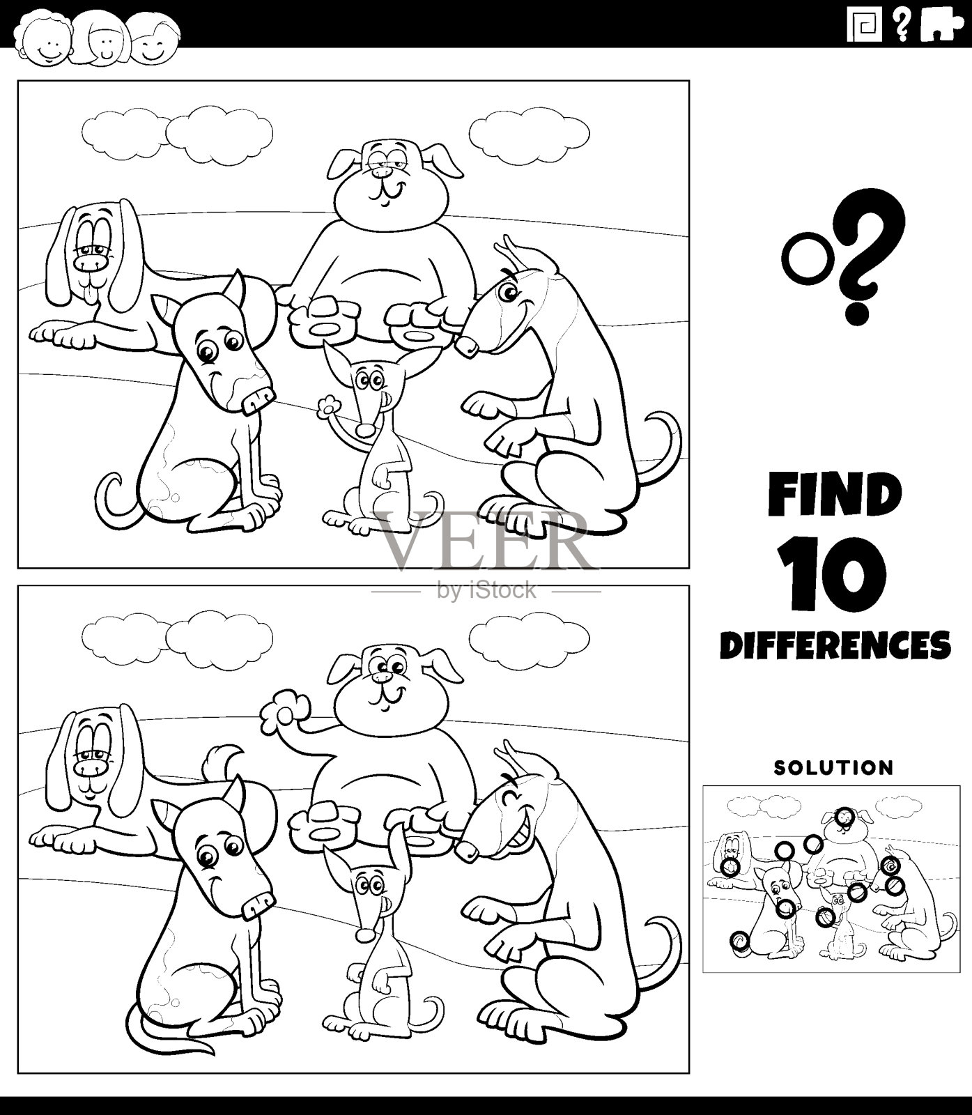 不同的游戏与卡通狗着色页插画图片素材