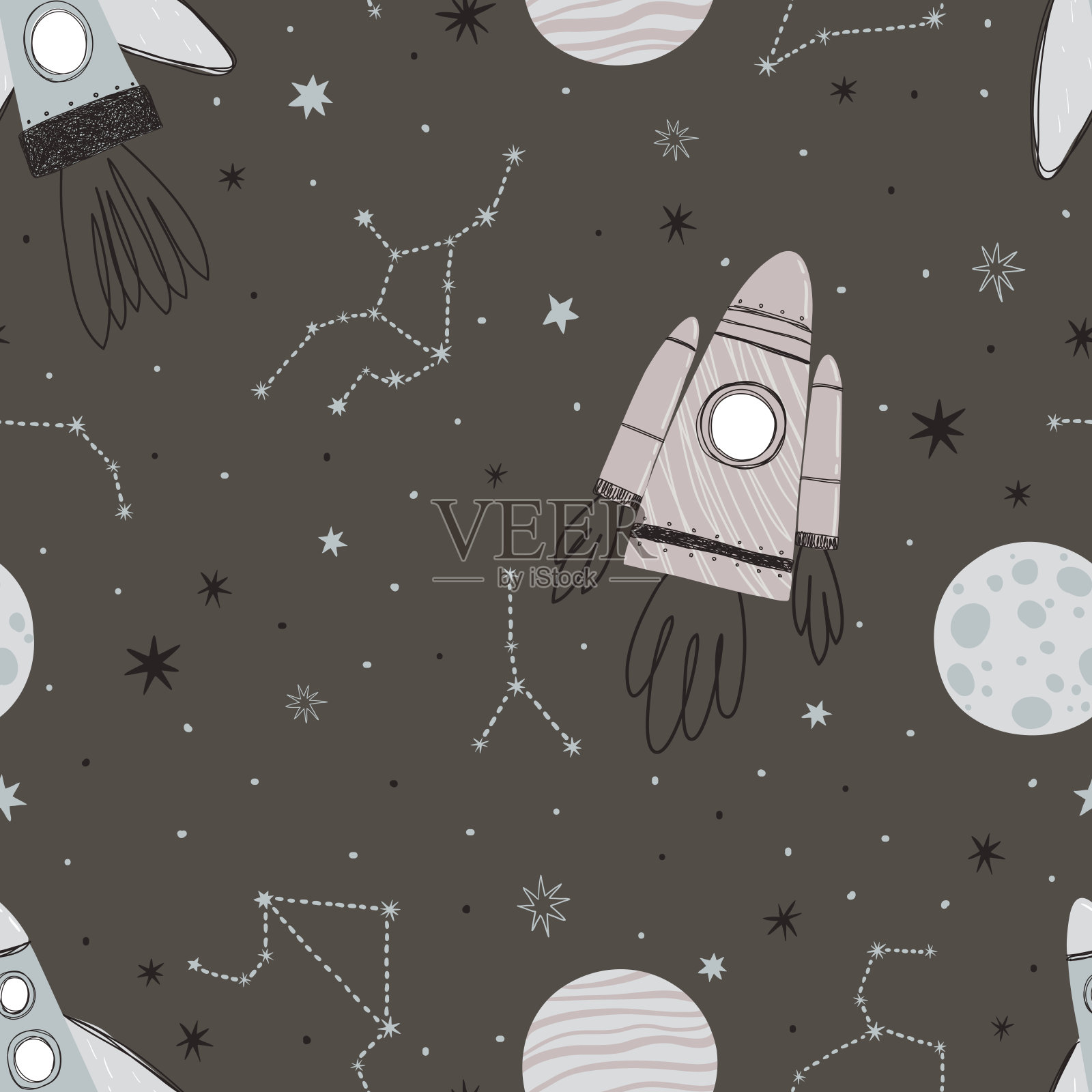 可爱的无缝图案与火箭,行星和星星的婴儿纺织品插画图片素材