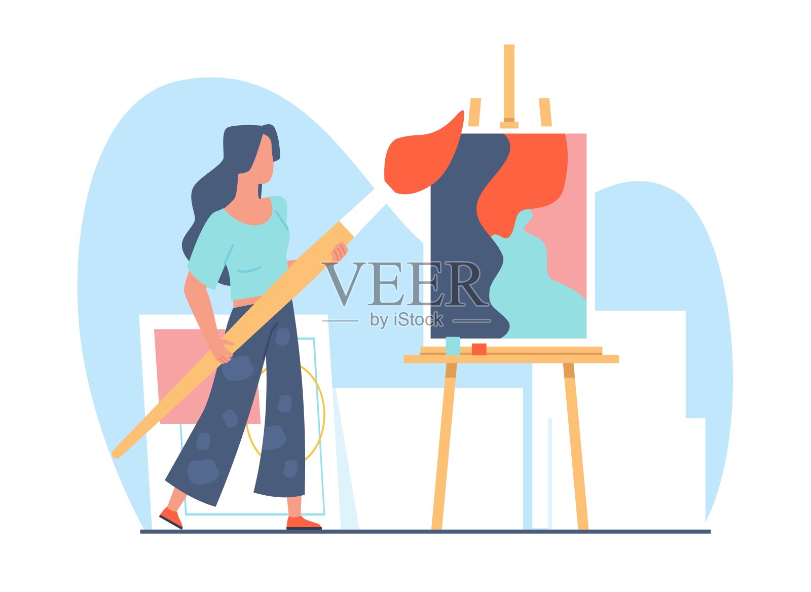 女艺术家用画笔在画架上作画。女性角色绘画。爱好创作,艺术品创作。抽象的形象。卡通平面孤立插图。矢量意境插画图片素材