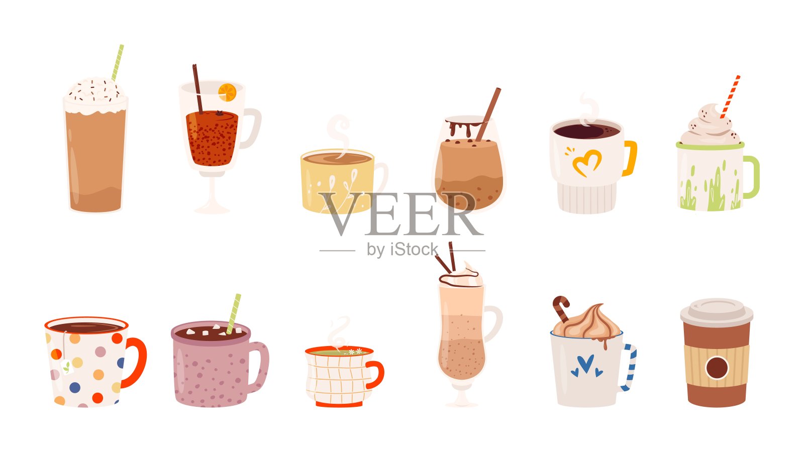 隔离冬季热饮。巧克力拿铁和热咖啡加肉桂棒。假期用杯子和杯子喝酒。可可和茶依偎矢量剪贴画插画图片素材