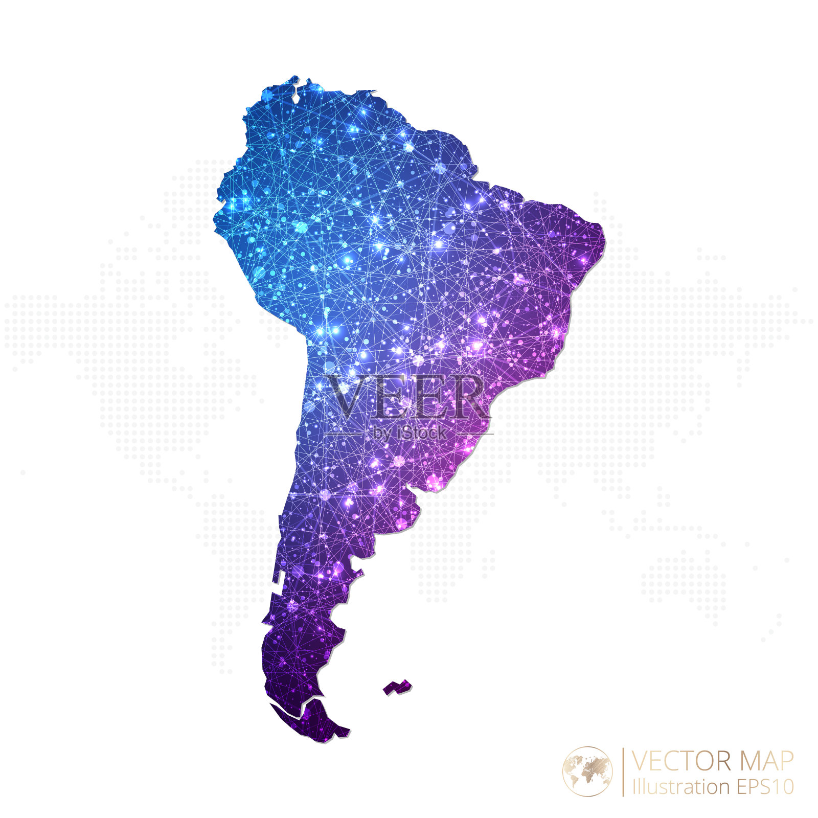 南美大陆地图在几何线框蓝色与紫色多边形风格梯度图形在白色背景插画图片素材