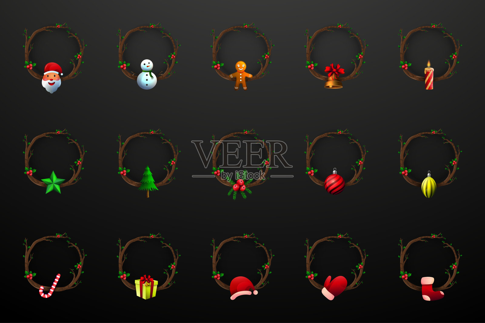 以圣诞老人、圣诞树、铃铛、蜡烛、礼物和装饰物为框架的圣诞主题游戏UI设计插画图片素材