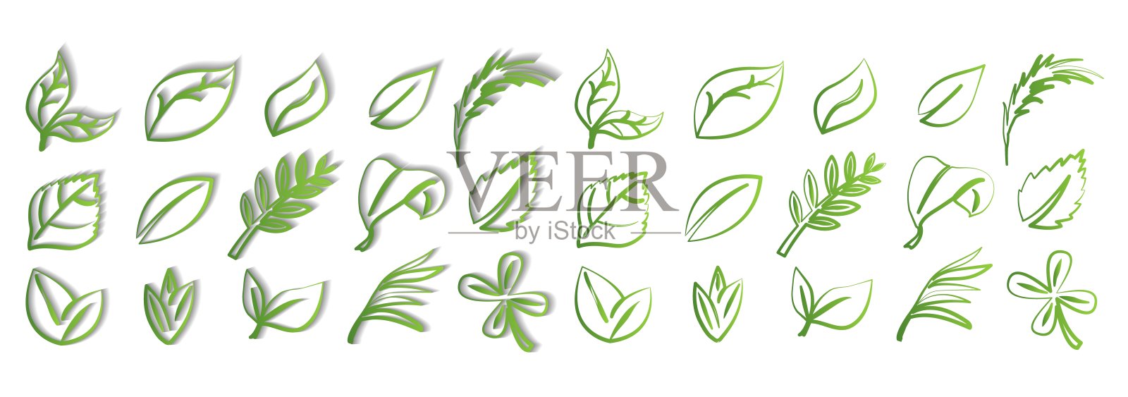 一组绿叶在白色背景上,有或没有阴影,用于标志,设计,绿色星球的象征意义插画图片素材
