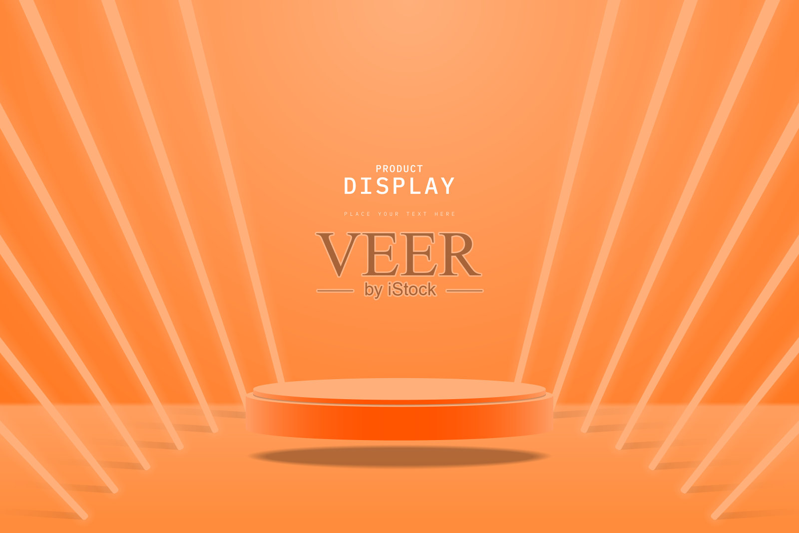 抽象的橙色3D圆柱体基座,真实地漂浮在空中,在工作室房间里有发光的霓虹灯管道具。未来主义设计场景展示化妆品。产品。三维矢量几何平台插画图片素材