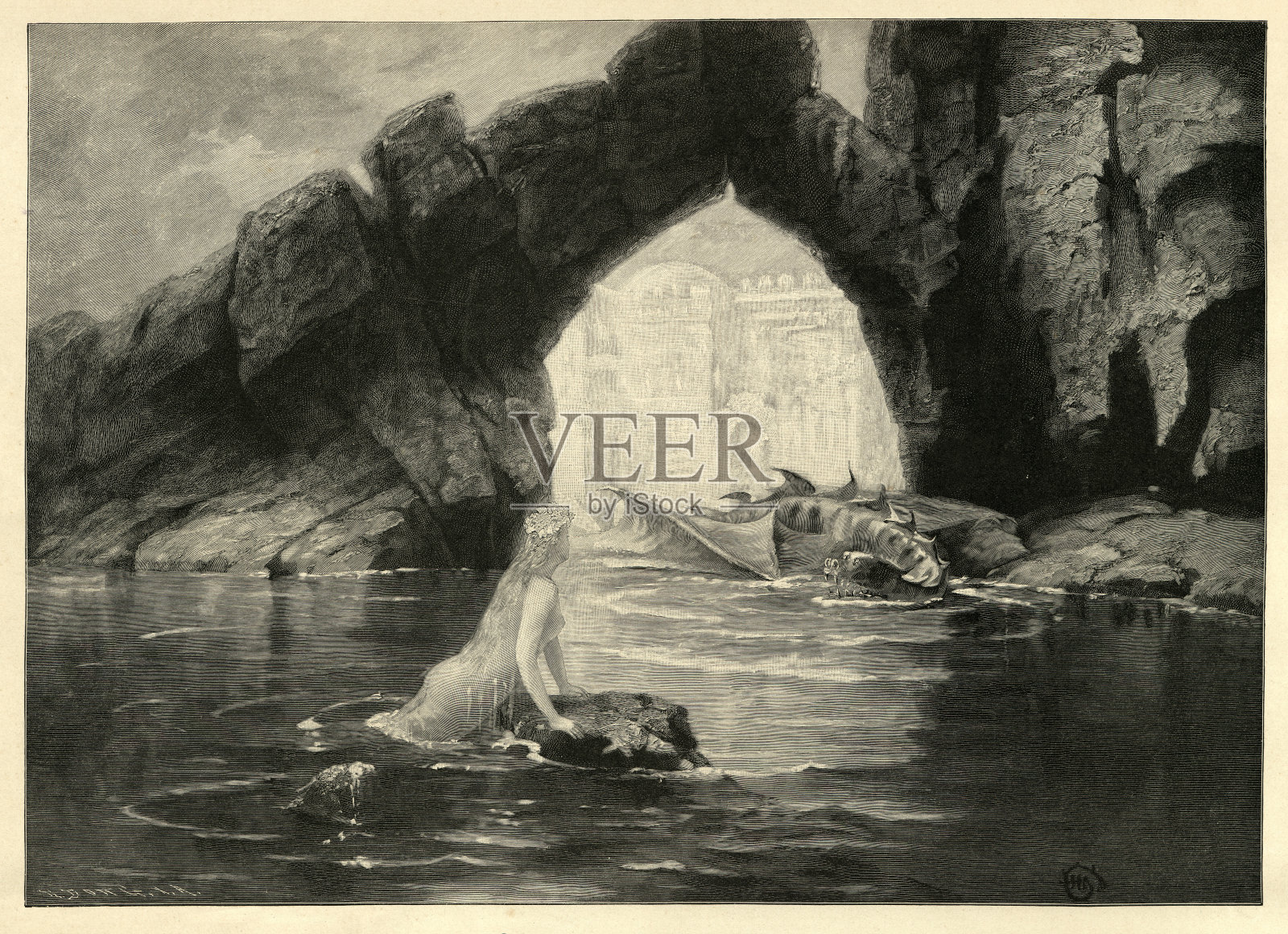 海上童话,美人鱼与龙,幻想,新浪漫主义艺术,继赫尔曼·亨德里希的绘画插画图片素材