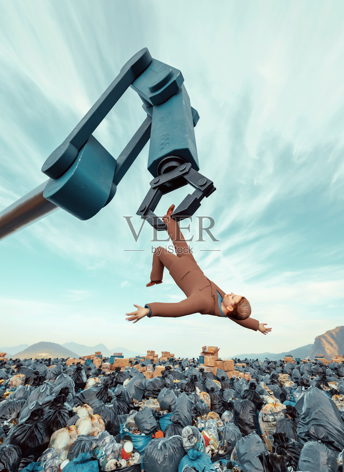 人工智能革命:机器人手臂用垃圾填埋物发出人类过时的信号照片摄影图片