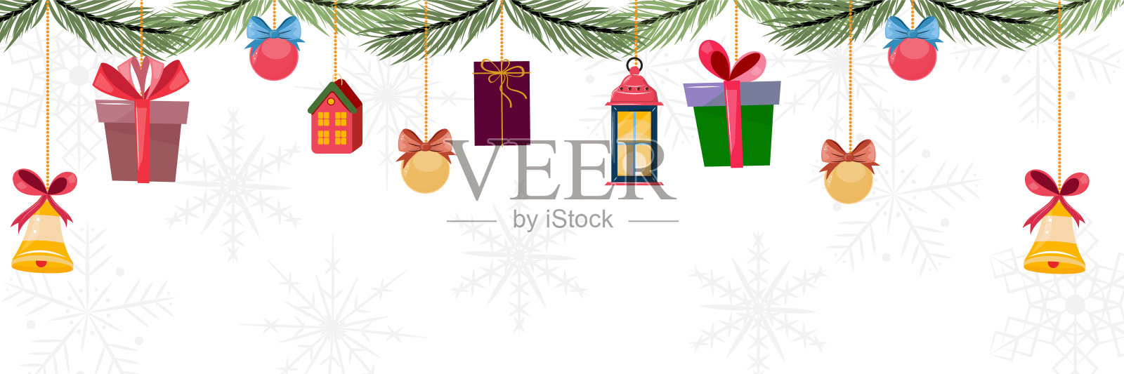 空白圣诞横幅模板与圣诞装饰和礼盒在雪花的背景插画图片素材