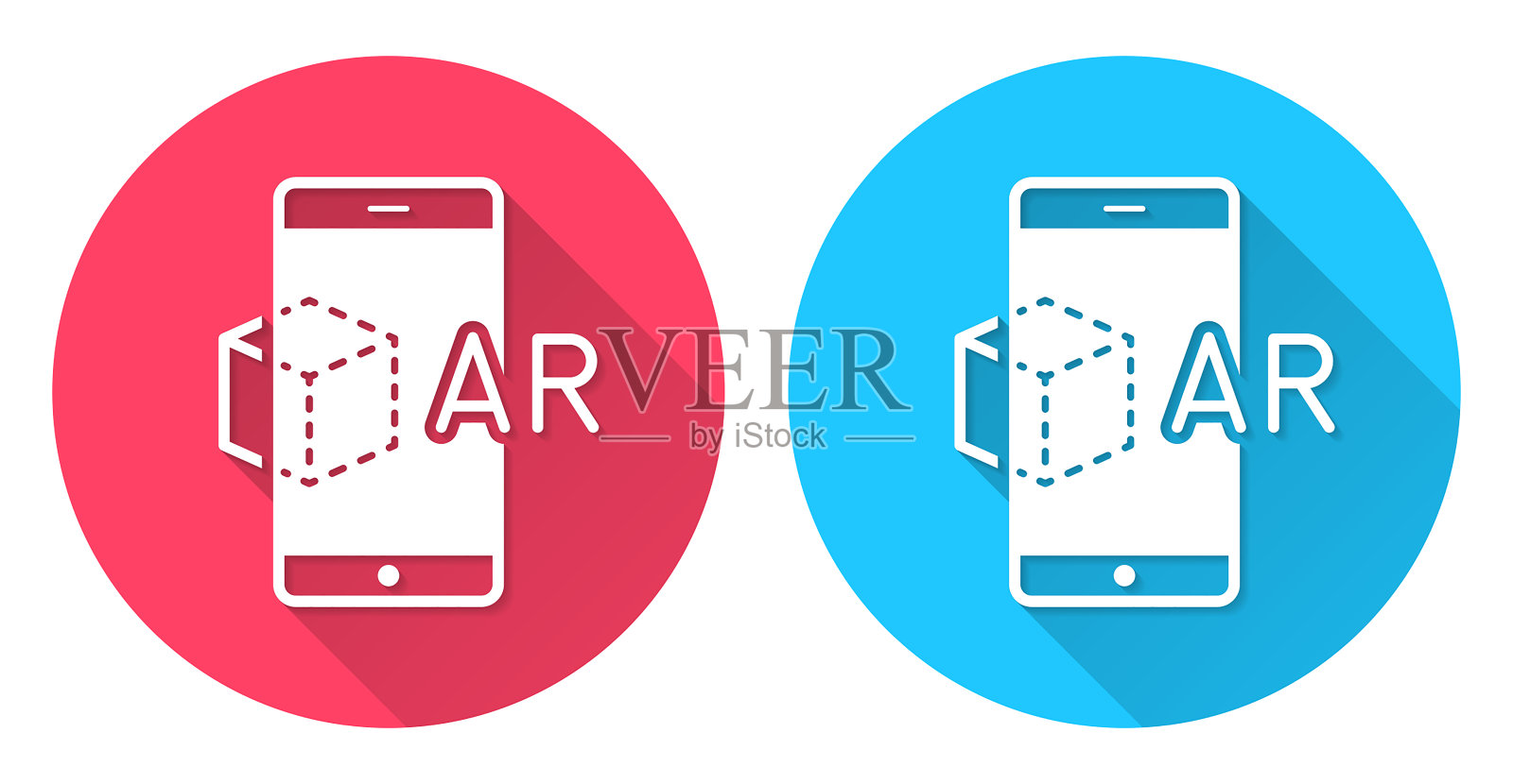 AR智能手机增强现实。圆形图标与长阴影在红色或蓝色的背景插画图片素材