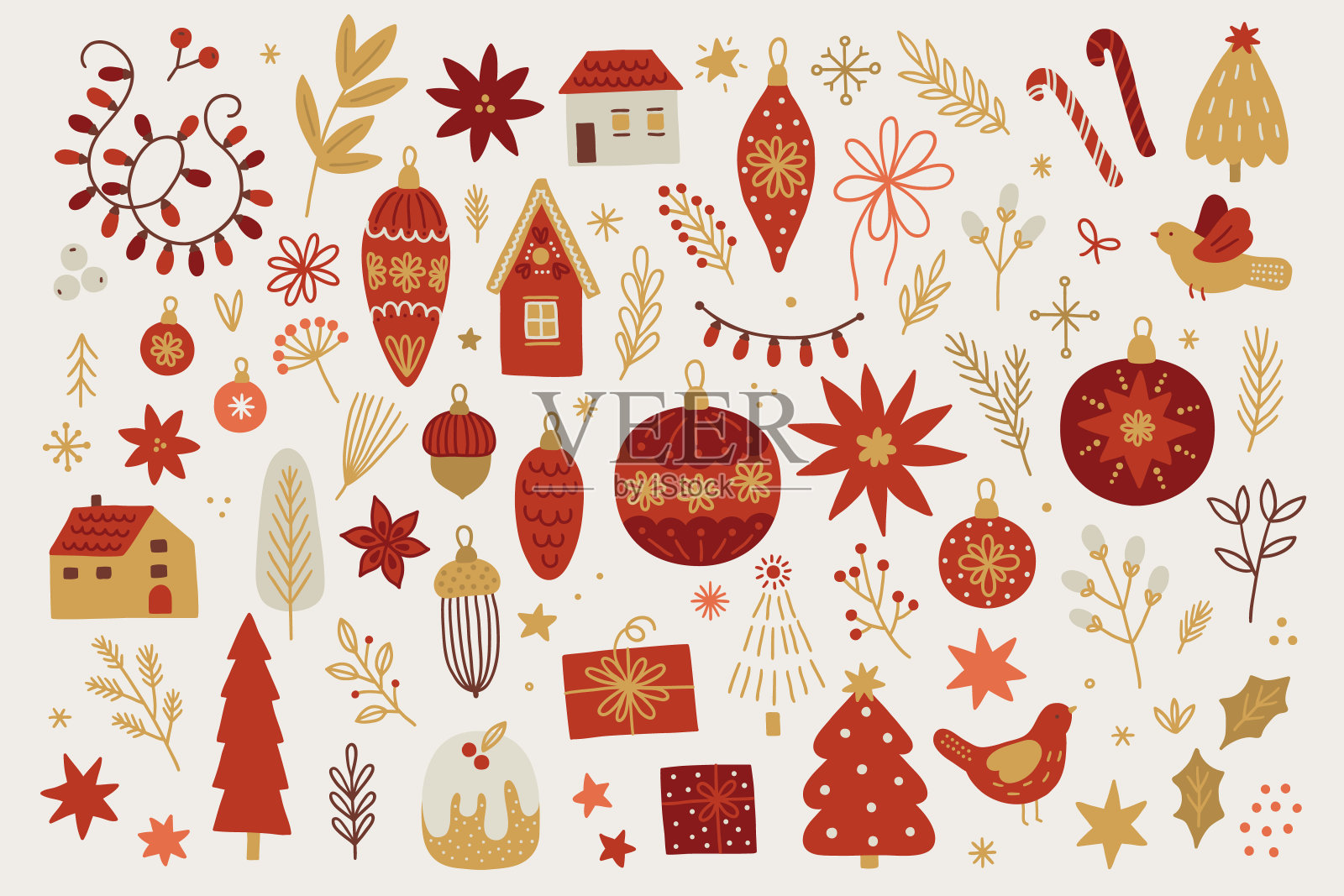 圣诞布景,球,冷杉树,小玩意,鸟,花环,花插画图片素材