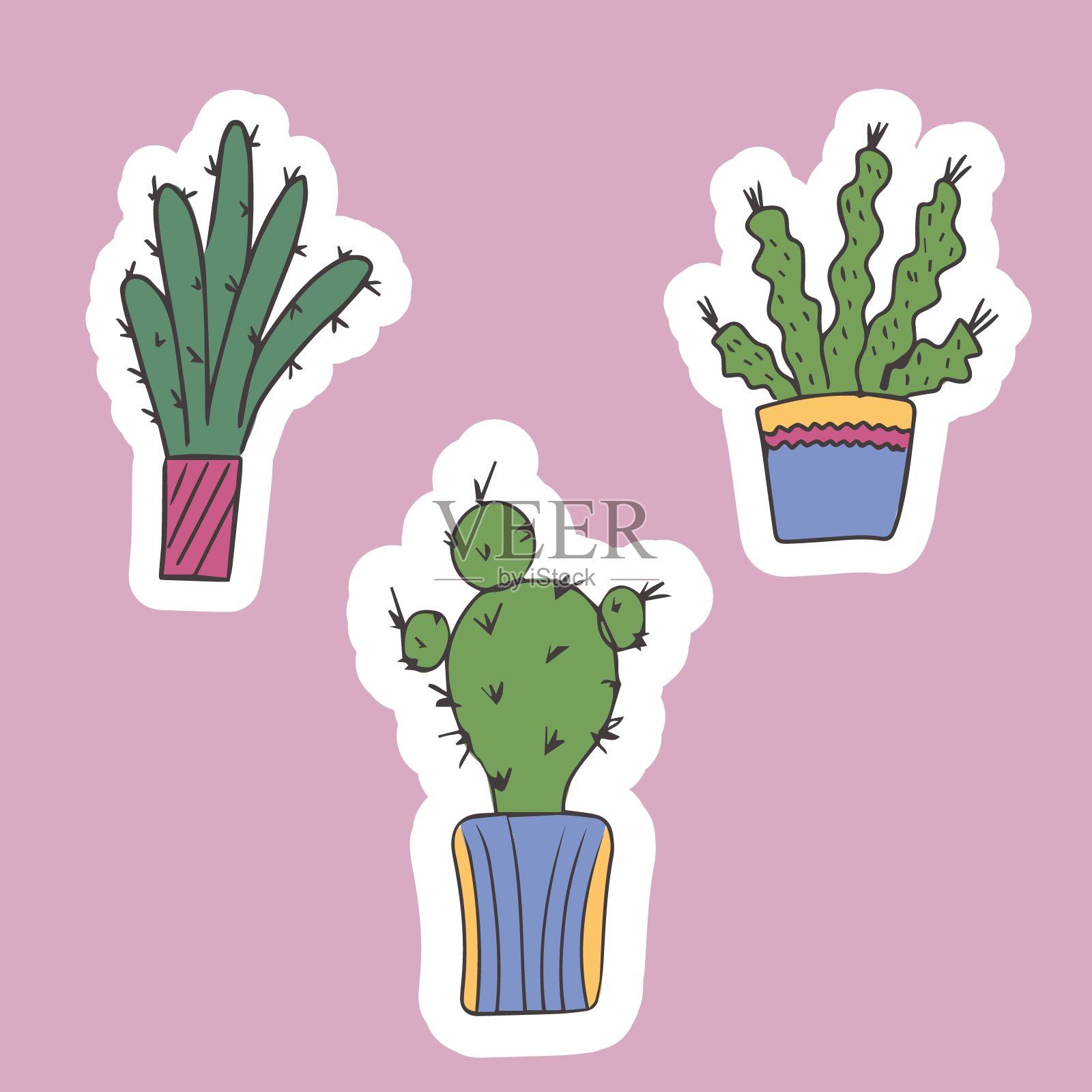 一套可爱的仙人掌贴纸在花盆。室内植物。用于卡片、请柬或贴纸的设计。孤立的向量插画图片素材