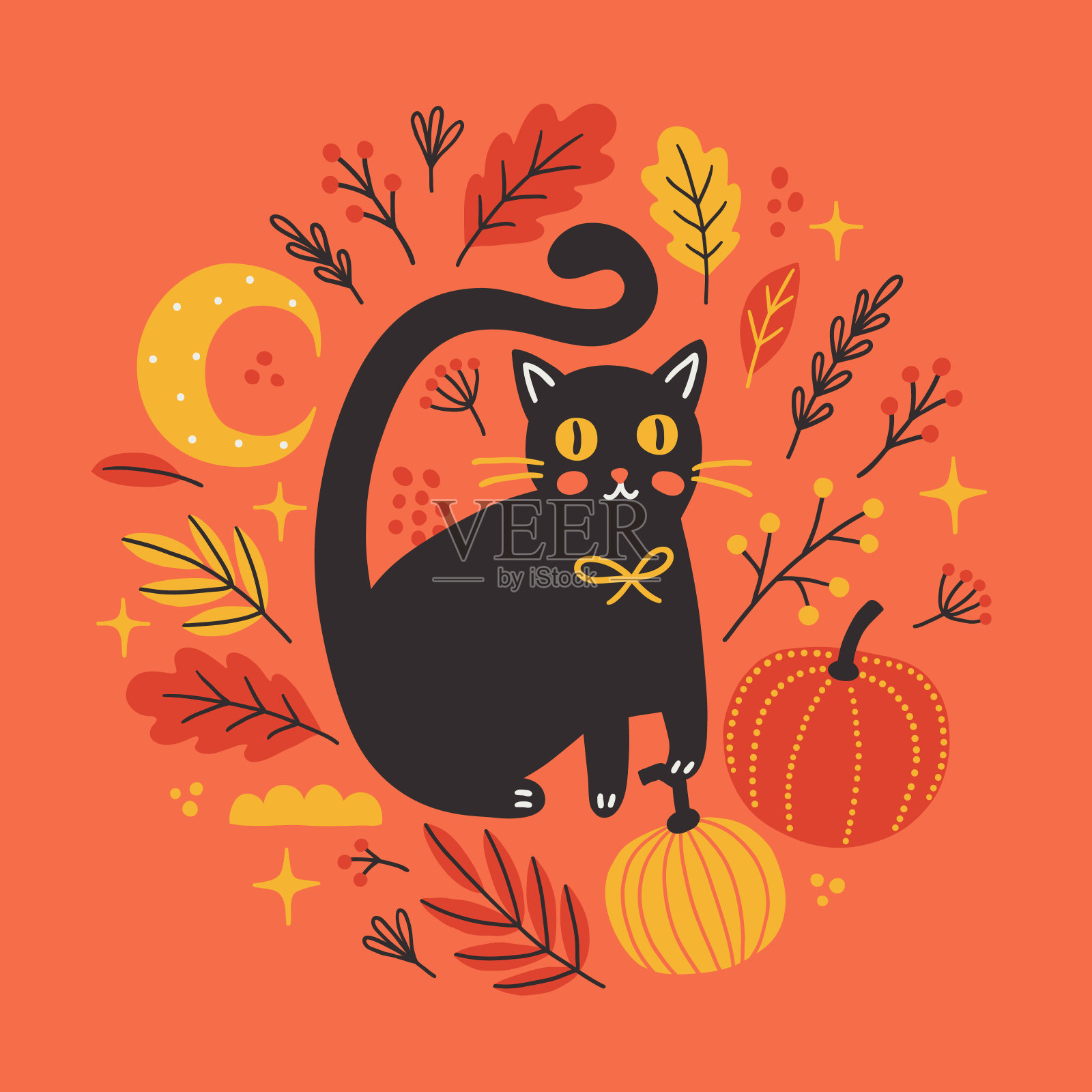 万圣节贺卡上有猫、南瓜、月亮、秋叶、浆果插画图片素材