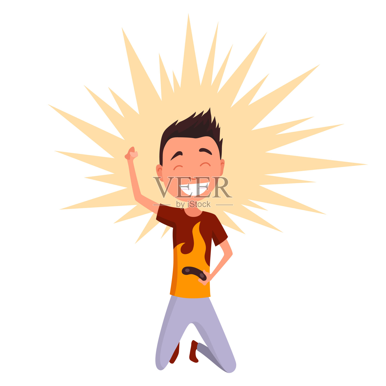 玩电子游戏的孩子。男孩在游戏机上玩游戏。孩子对电子游戏上瘾。快乐的少年。平面设计的矢量插图插画图片素材