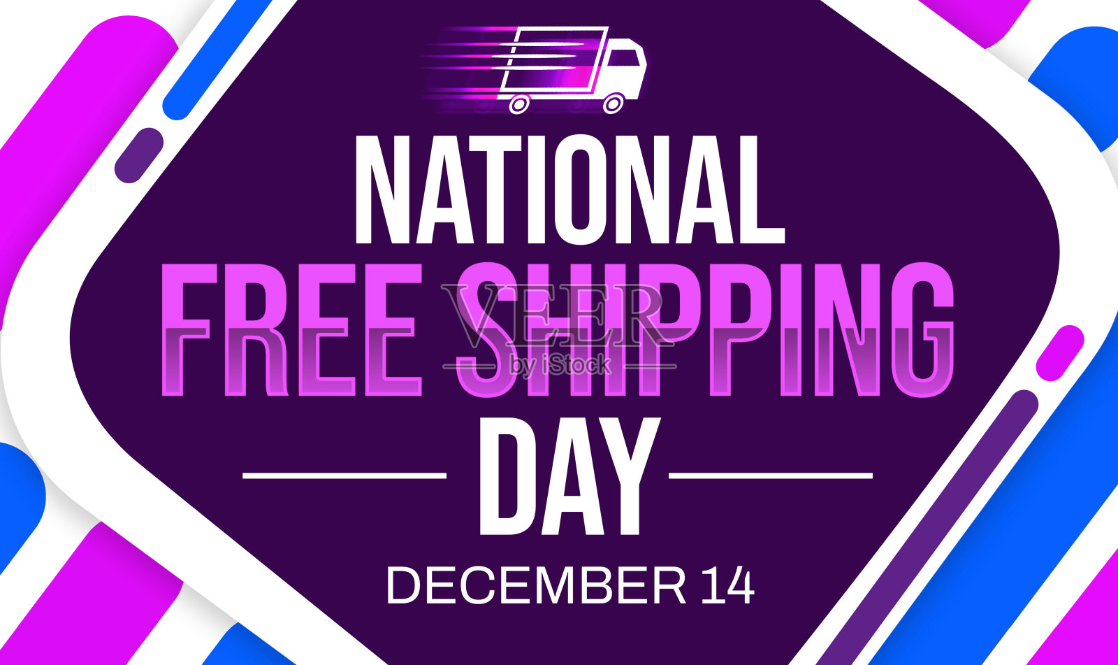 12月14日是全国免运费日,有五颜六色的形状、文字和快速行驶的货车。插画图片素材