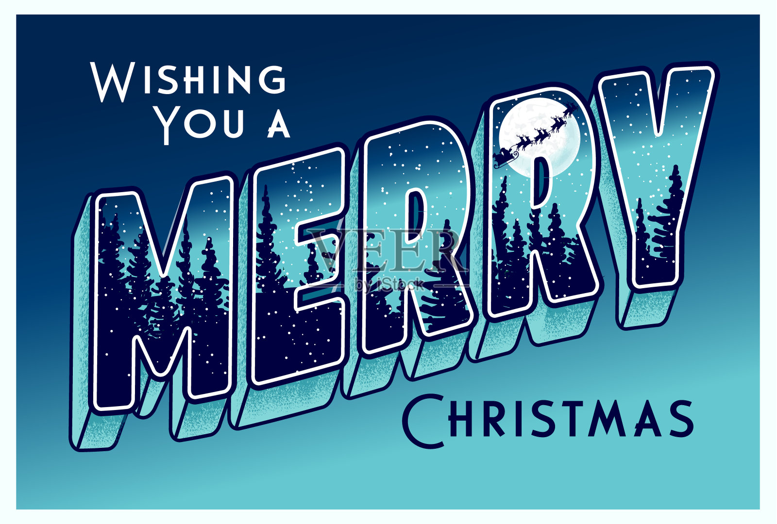 祝你圣诞快乐的问候设计在复古明信片3D字体风格与圣诞老人和驯鹿在天空场景中的每一封信插画图片素材