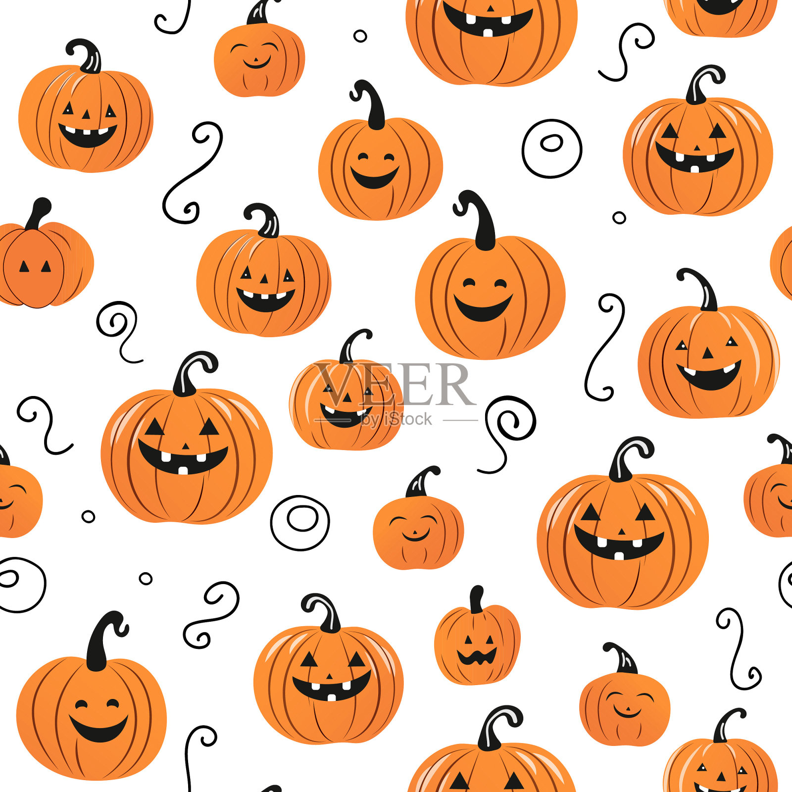 微笑的橙色南瓜在白色背景上的无缝图案插画图片素材