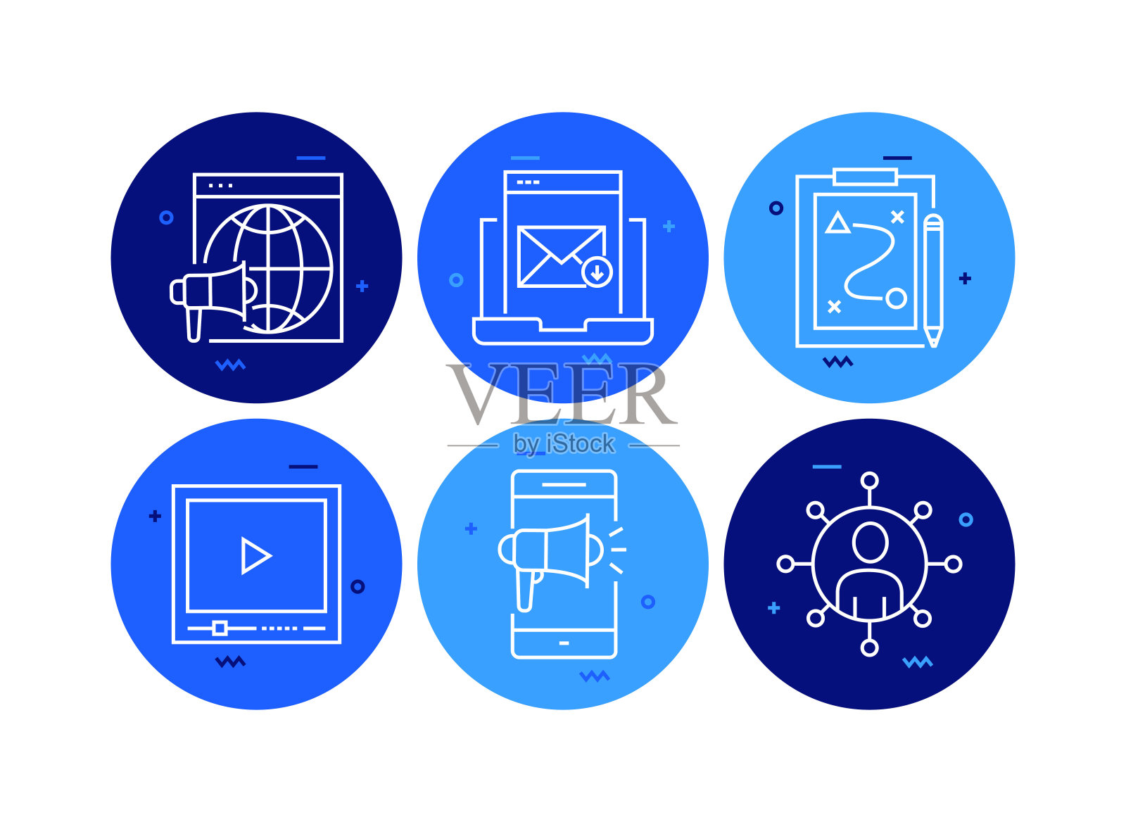 营销相关的矢量横幅设计概念。全局多球体随时可用的模板。网页横幅,网站标题,杂志,移动应用程序等。现代设计。插画图片素材