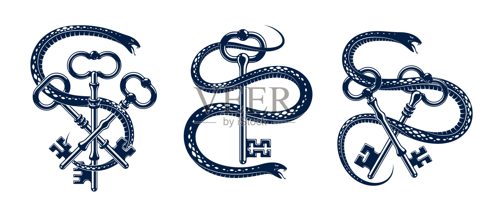 蛇包裹着复古的钥匙,保护秘密的概念,交钥匙和蛇老式纹身,矢量符号标志或徽章。插画图片素材