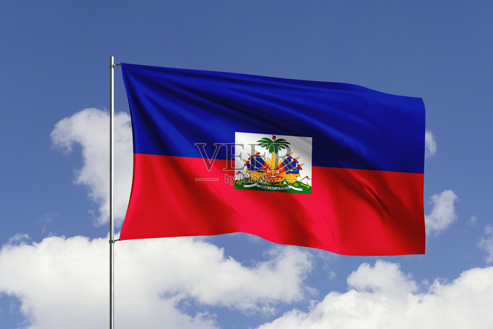 海地国旗在风中飘扬。照片摄影图片