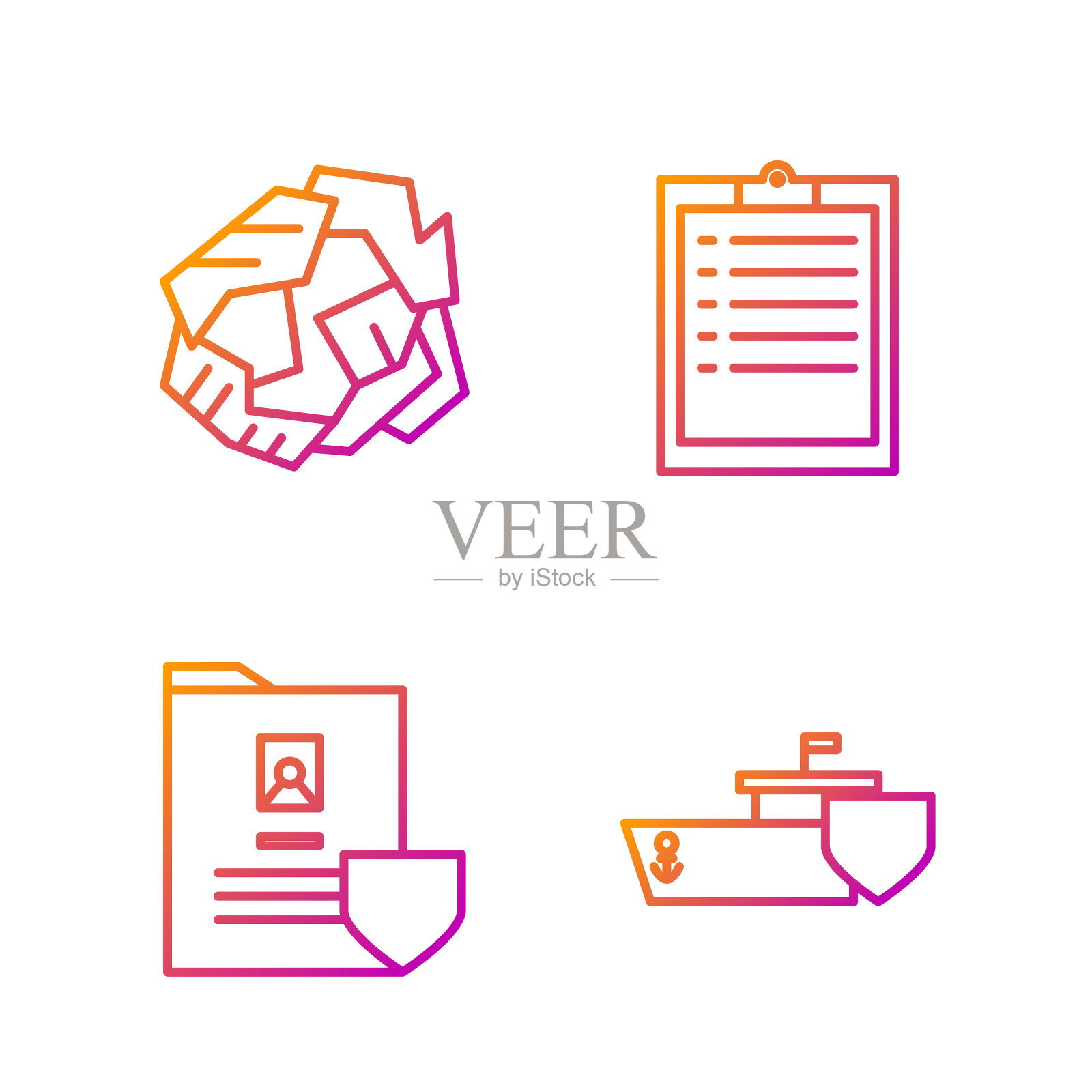 设置带护盾的船,带护盾的文件,皱巴巴的纸球和带检查表的剪贴板。渐变颜色图标。向量插画图片素材