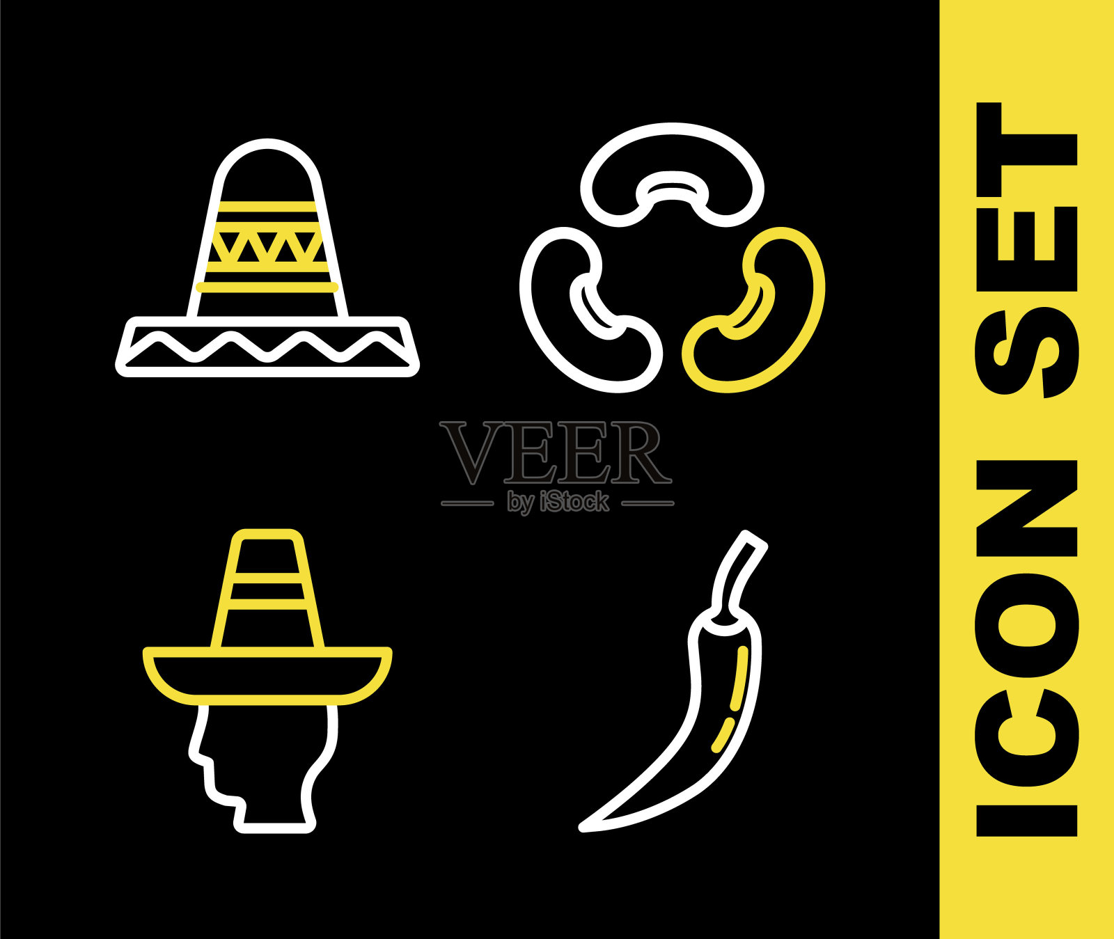 设定线豆子,辣椒豆荚,墨西哥人宽边帽和图标。向量插画图片素材