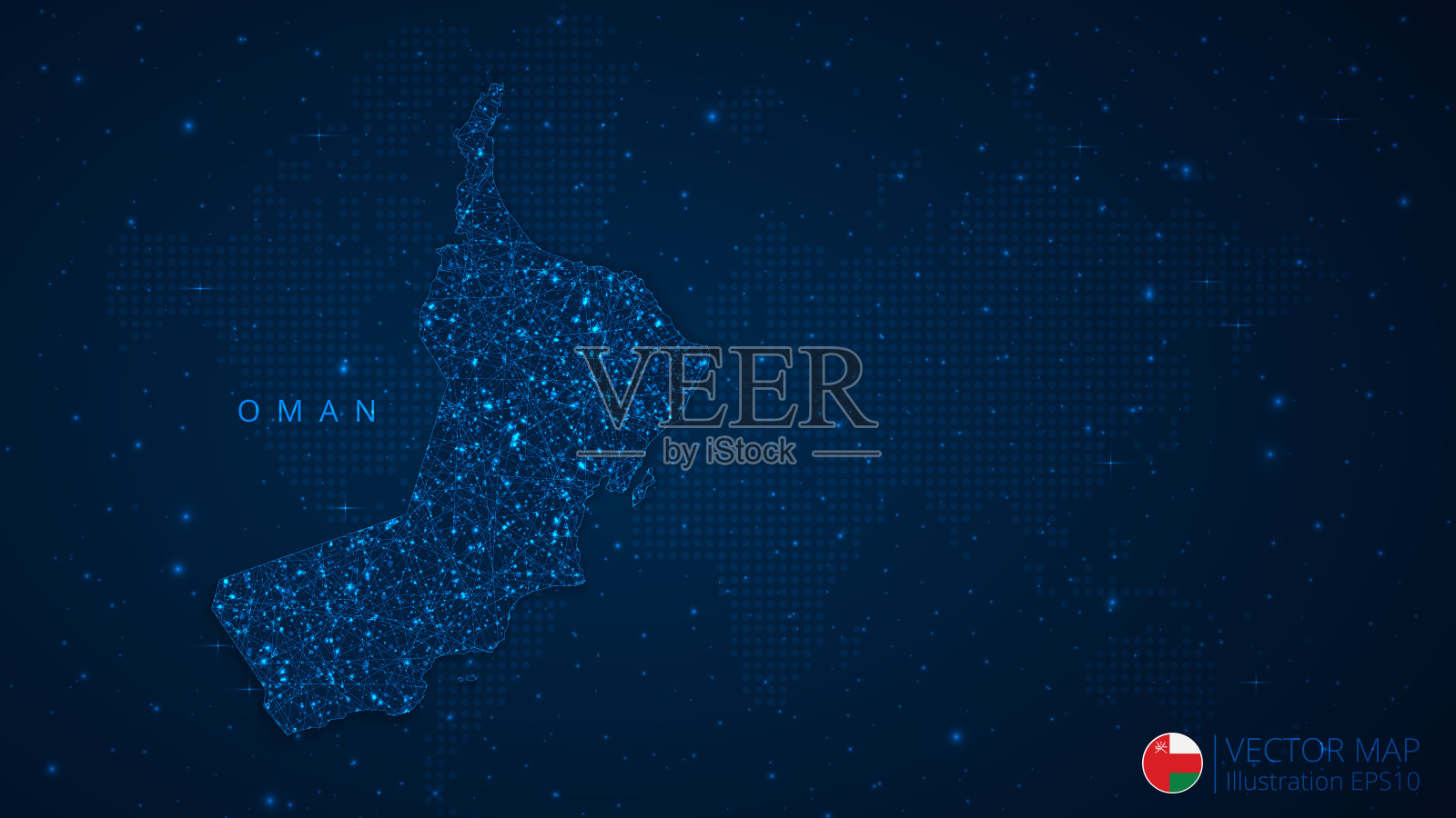 阿曼地图现代设计与多边形形状在深蓝色的背景。业务线框网球飞碎片插画图片素材