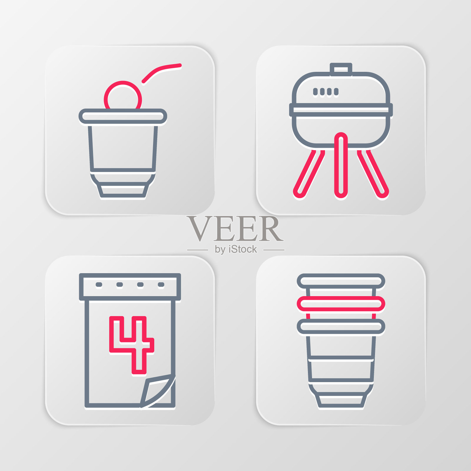 设置线纸玻璃,日历日期7月4日,烧烤和啤酒乒乓球游戏图标。向量插画图片素材