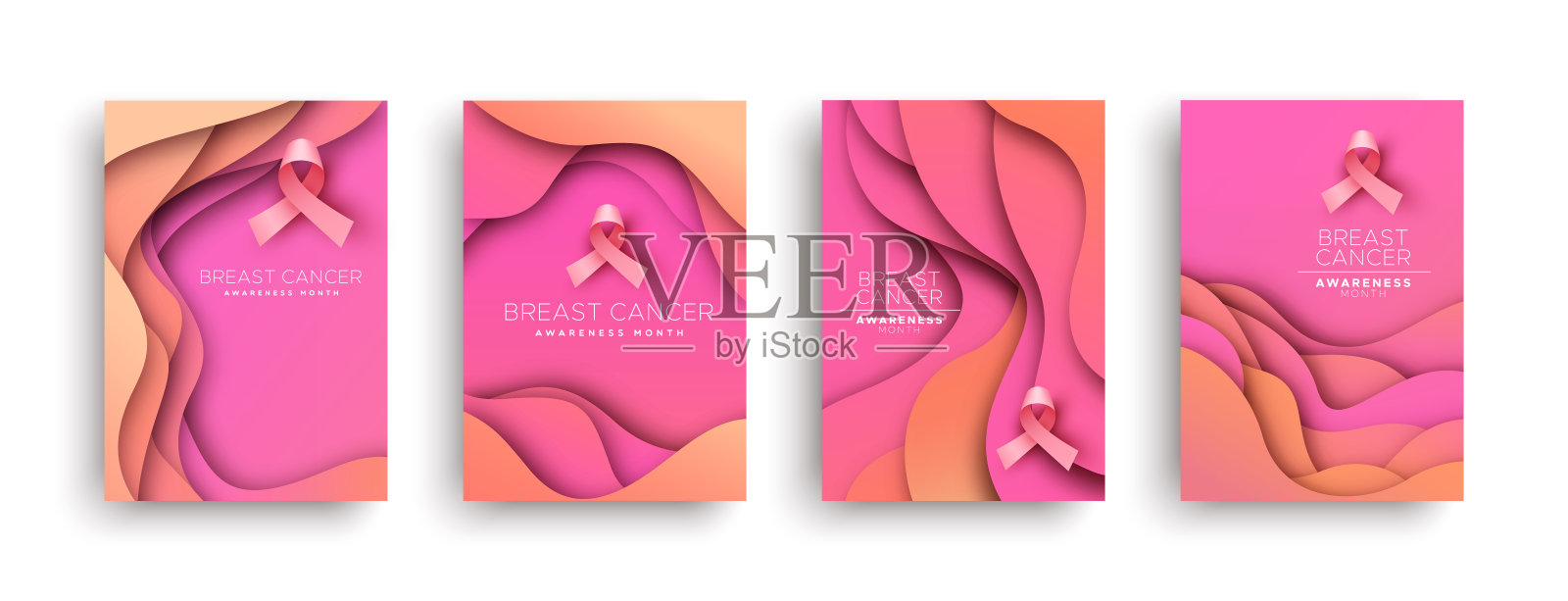 乳腺癌意识粉红丝带剪纸矢量卡集插画图片素材