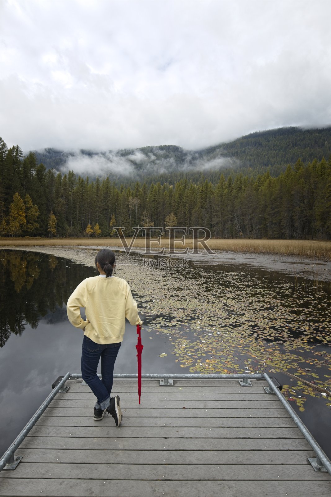 码头上欣赏风景的女人。照片摄影图片