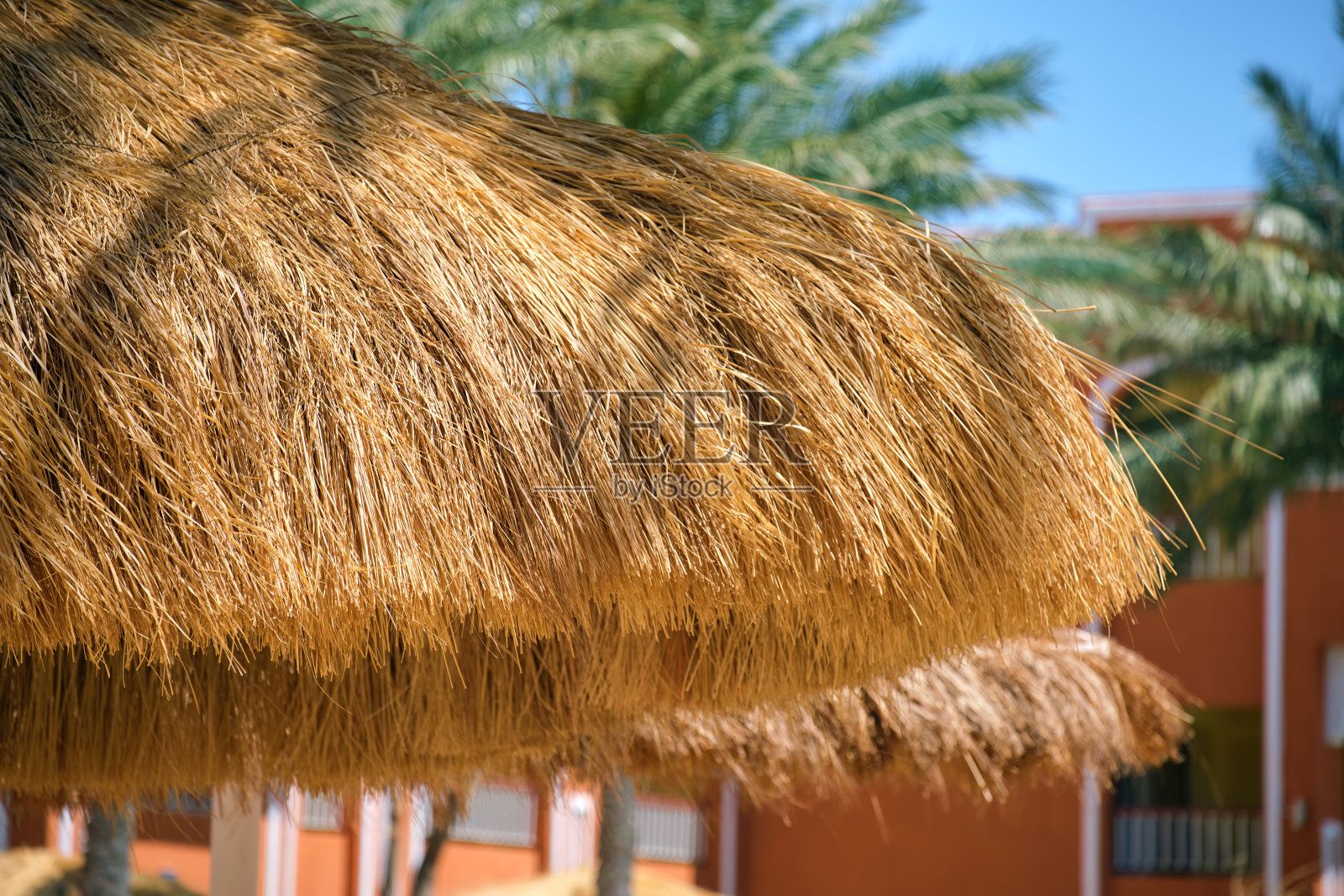 热带度假胜地海边的草编遮阳伞的细节。暑假和度假的概念照片摄影图片