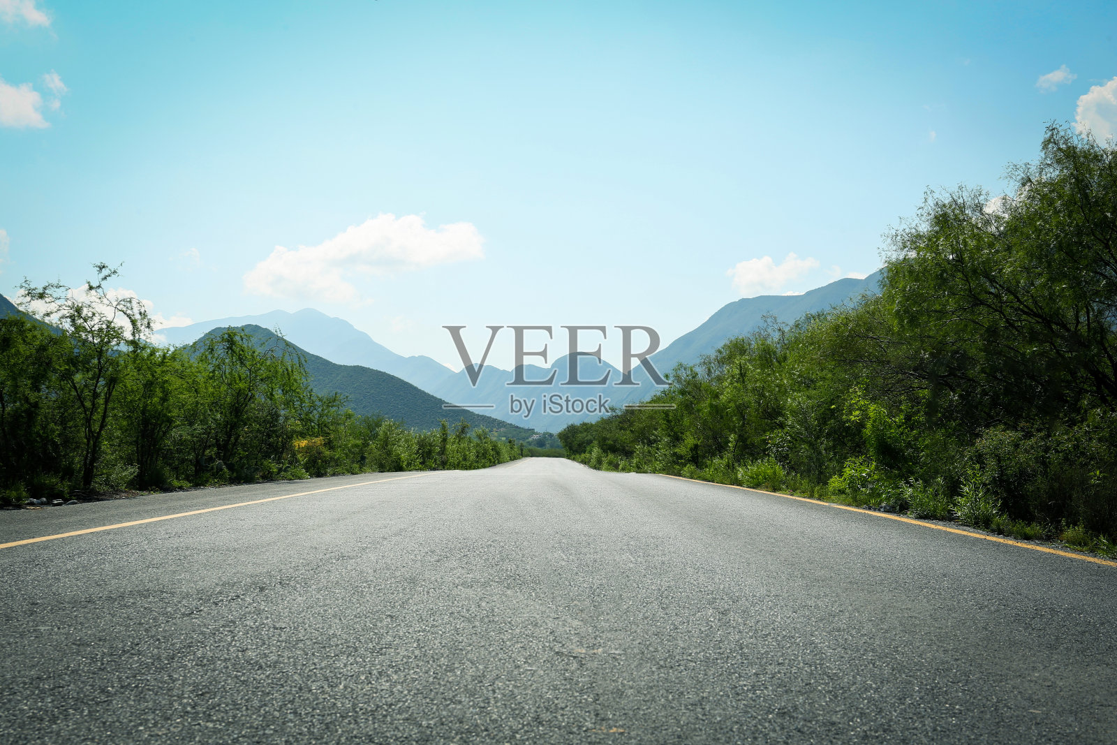 在明亮的天空下,路边的大山和灌木丛风景如画照片摄影图片