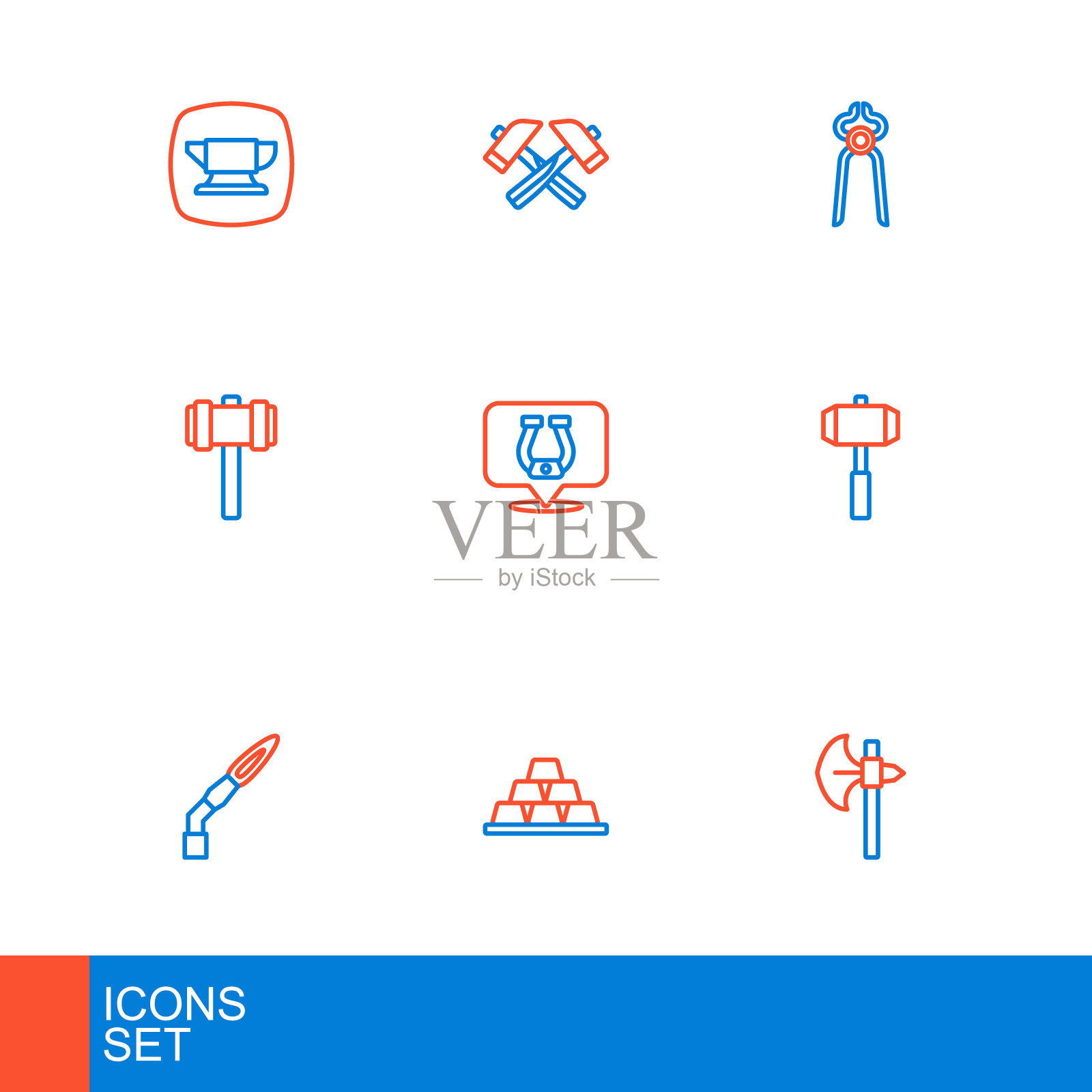 集线中世纪斧头,金条,焊枪,大锤,马蹄铁,铁匠钳子工具和交叉图标。向量插画图片素材