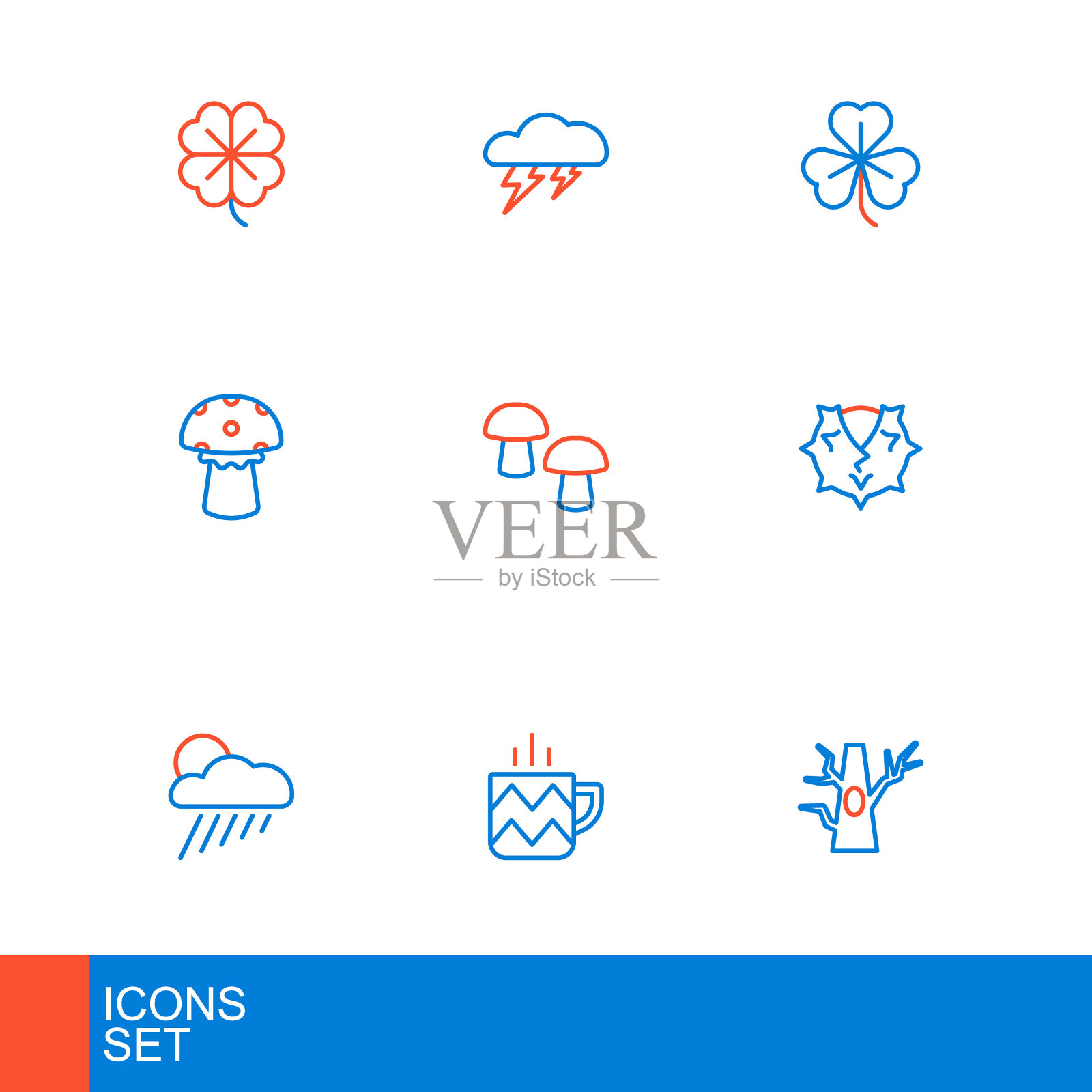 设线光秃秃的树,一杯茶,云与雨和太阳,栗子,蘑菇,三叶草和闪电图标。向量插画图片素材