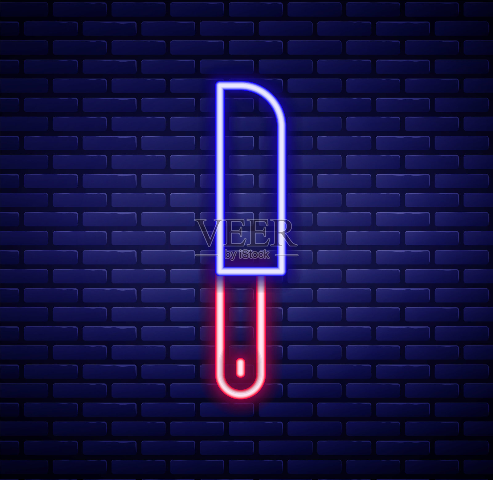 发光的霓虹线刀图标孤立的砖墙背景。餐具的象征。色彩缤纷的轮廓概念。向量插画图片素材