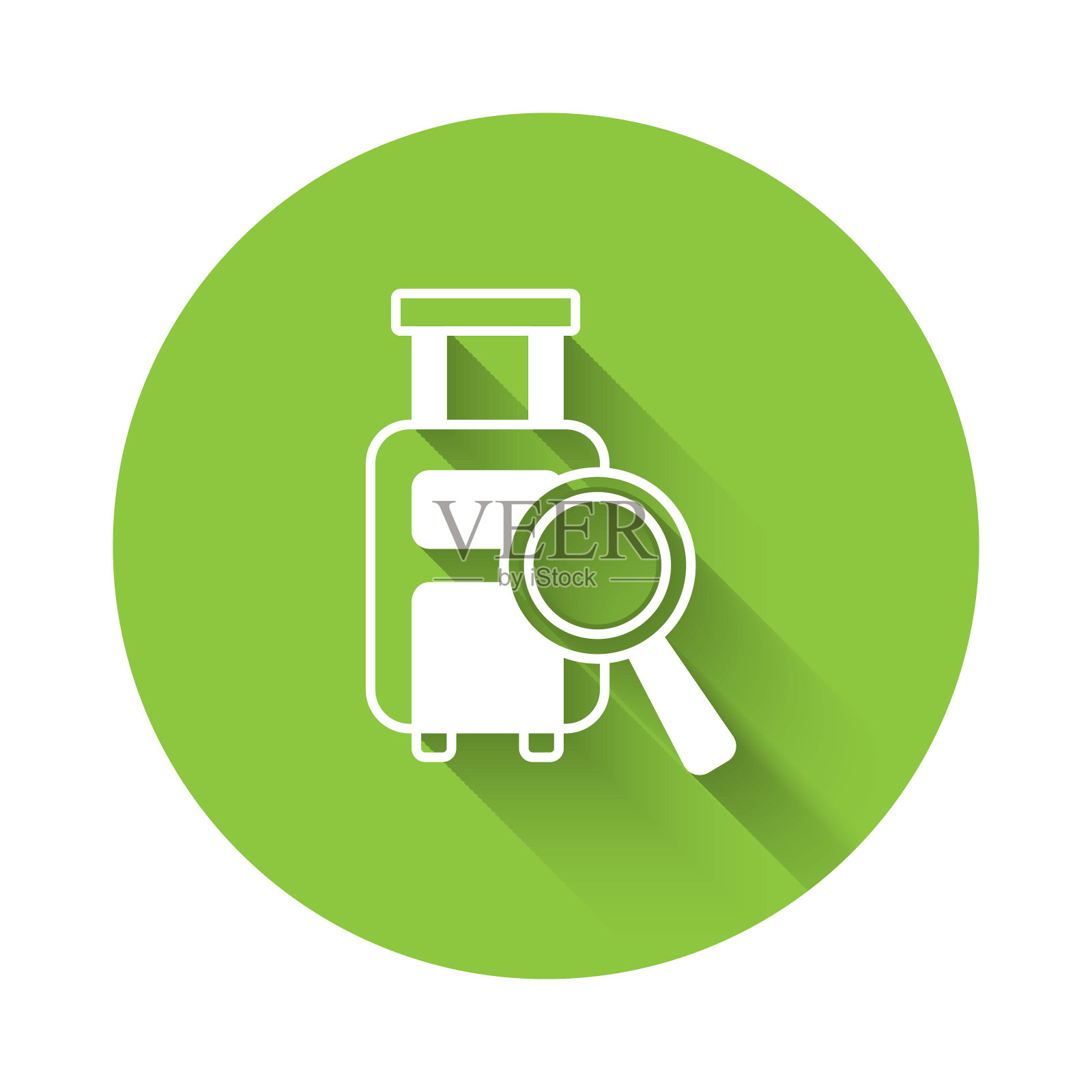 白色航空公司服务的寻找丢失行李图标与长阴影背景隔离。搜索的行李。绿色圆形按钮。向量插画图片素材
