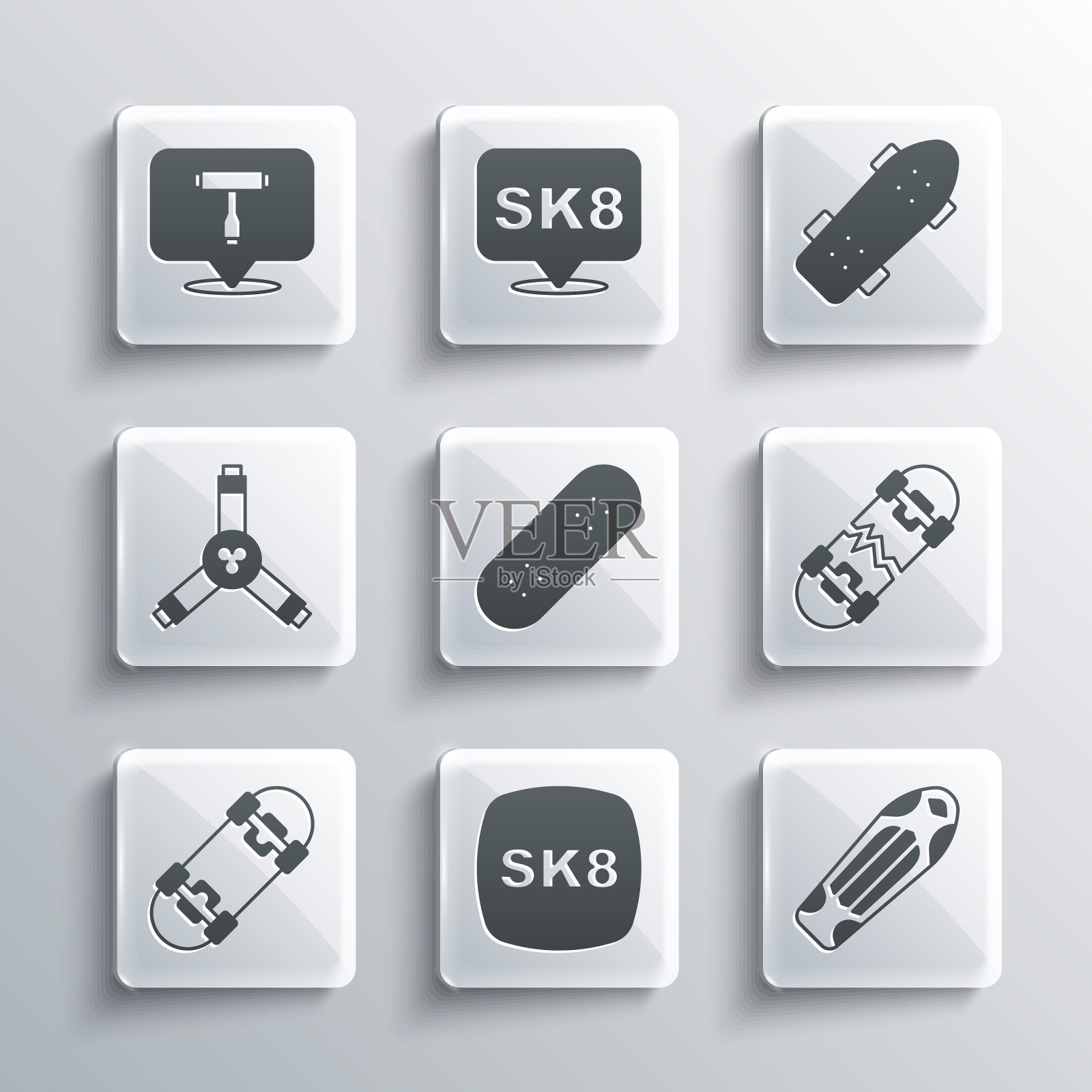 设置滑板,甲板,破碎滑板,y形工具,T形和图标。向量插画图片素材