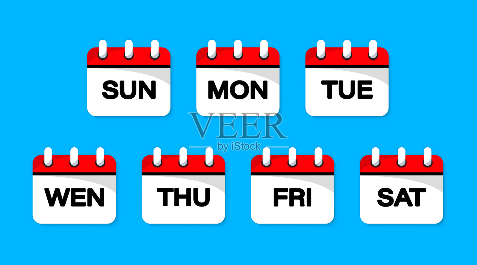 日历图标。周图标集。一周中的几天。每星期几天的徽章。周日历矢量图标。Web按钮-周日历。标记日期,节日,重要的日子。矢量图插画图片素材